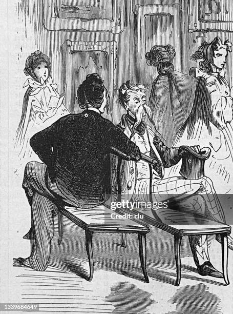 two men talking in the museum, sitting on benches - gallery interior stock illustrations