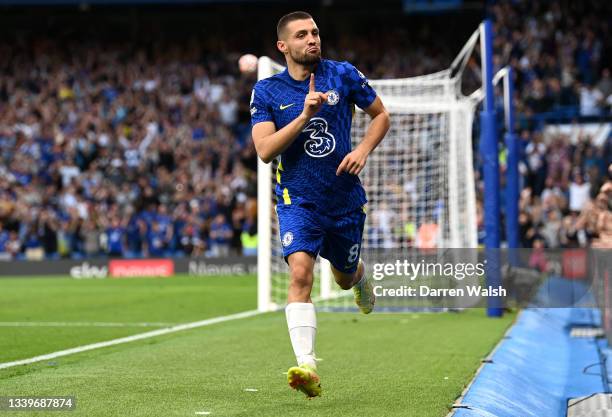 Mateo Kovacic of Chelsea celebrates after scoring their side's second goal during the Premier League match between Chelsea and Aston Villa at...