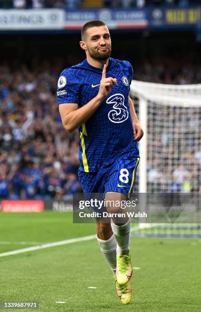 Mateo Kovacic of Chelsea celebrates after scoring their side's second goal during the Premier League match between Chelsea and Aston Villa at...