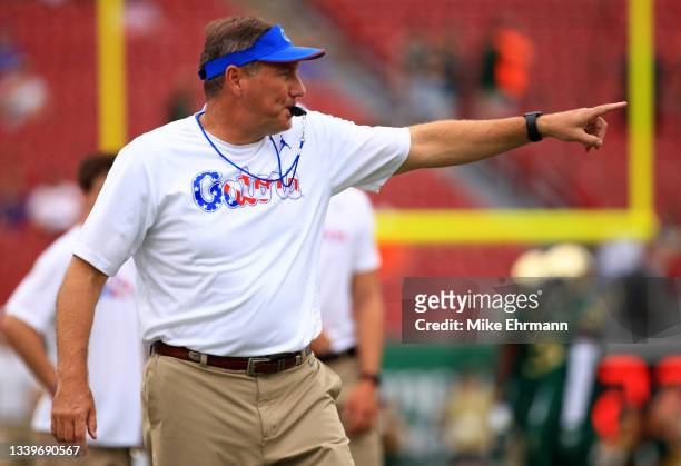 Head coach Dan Mullen of the Florida Gators looks on during a game against the South Florida Bulls at Raymond James Stadium on September 11, 2021 in...