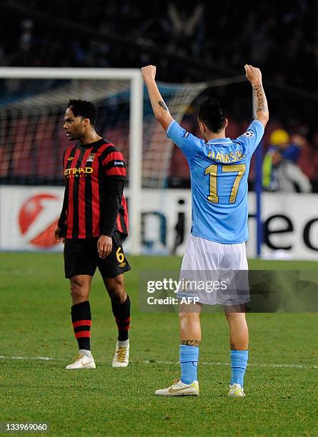 Napoli's midfielder Marek Hamsik celebrates defeating Manchester City 2-1 after the Champions League group A football match Napoli vs Manchester City...