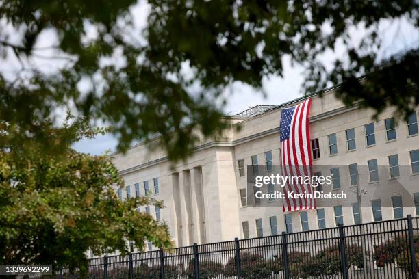 Flag hangs outside of the Pentagon prior to wreath laying ceremony with President Joe Biden, First Lady Jill Biden, Vice President Kamala Harris and...