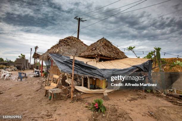 Woman removes mud from a destroyed palapa in the town of Pescadero on September 10, 2021 in La Paz, Mexico. Olaf hit Cabo San Lucas yesterday as a...