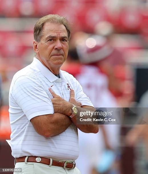Head coach Nick Saban of the Alabama Crimson Tide walks the field during pregame warmups prior to facing the Mercer Bears at Bryant-Denny Stadium on...