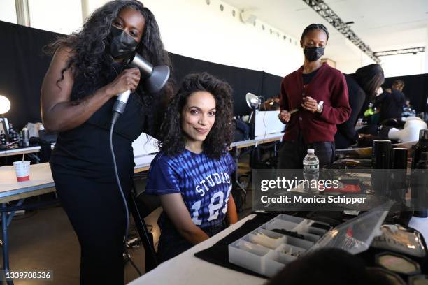 Rosario Dawson gets styled by Lead TRES hairstylist Nai’vasha backstage at TRESemme x Studio 189 during New York Fashion Week at Spring Studios on...