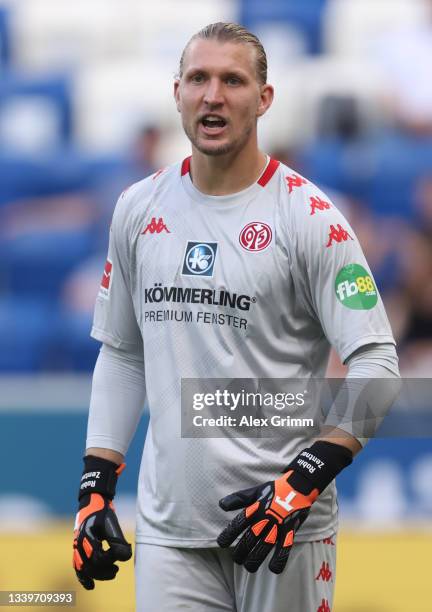 Goalkeeper Robin Zentner of Mainz reacts during the Bundesliga match between TSG Hoffenheim and 1. FSV Mainz 05 at PreZero-Arena on September 11,...