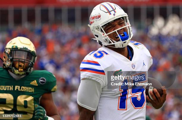 Anthony Richardson of the Florida Gators rushes for a fourth quarter touchdown during a game against the South Florida Bulls at Raymond James Stadium...