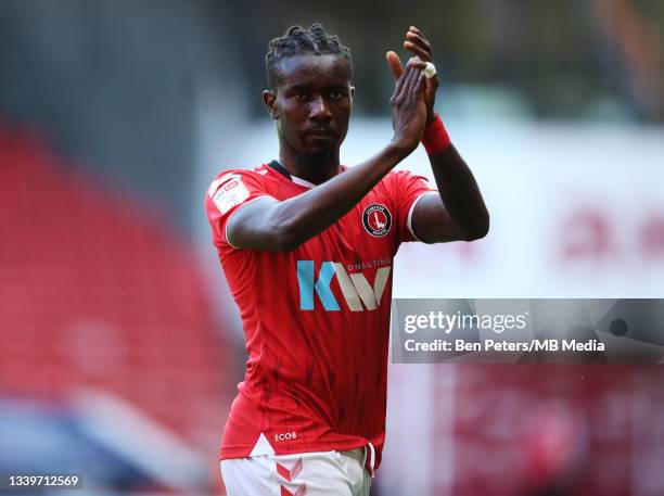 Pape Souaré of Charlton Athletic applauds the fans after the Sky Bet League One match between Charlton Athletic and Cheltenham Town at The Valley on...