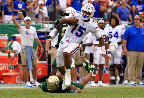 Anthony Richardson of the Florida Gators rushes for a fourth quarter touchdown during a game against the South Florida Bulls at Raymond James Stadium