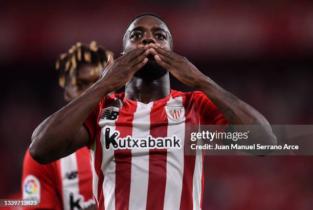 Inaki Williams of Athletic Bilbao celebrates after scoring their team's second goal during the LaLiga Santander match between Athletic Club and RCD...