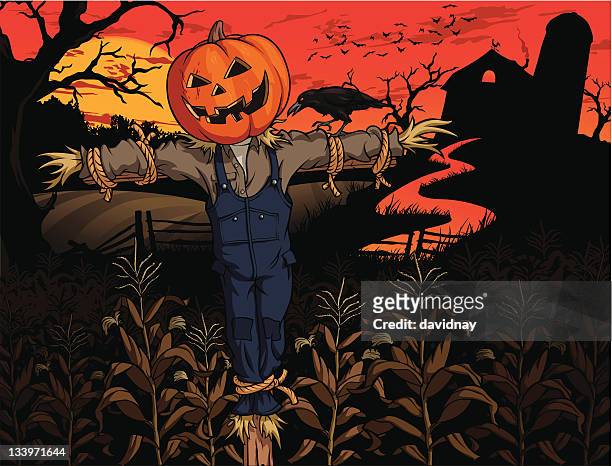 halloween on the farm - scarecrow stock illustrations