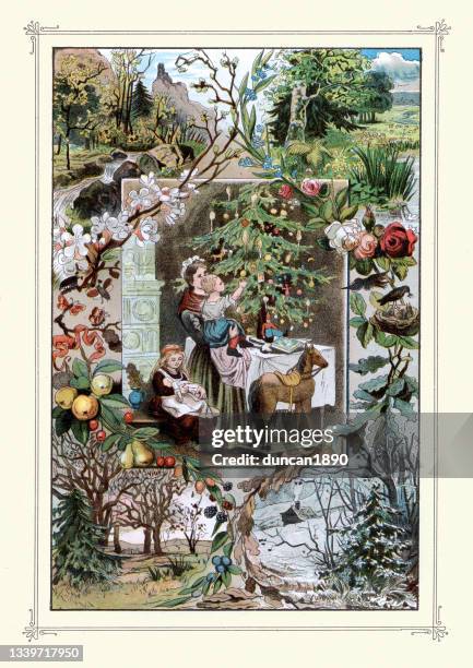 mother and children decorating the christmas tree, with presents under it, victorian vintage illustration - archival christmas stock illustrations