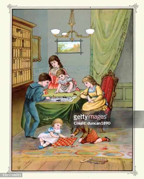 children, boys and girls playing board games, victorian vintage illustration - checkers game stock illustrations