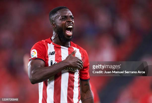 Inaki Williams of Athletic Bilbao celebrates after scoring their team's second goal during the LaLiga Santander match between Athletic Club and RCD...