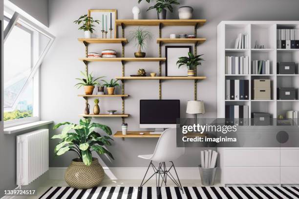 scandinavian style modern home office interior - empty small office stock pictures, royalty-free photos & images