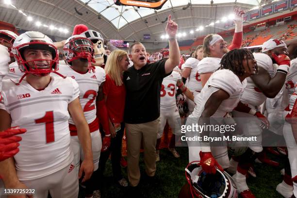 Head Coach Greg Schiano of the Rutgers Scarlet Knights celebrates after defeating the Syracuse Orange 17-7 at Carrier Dome on September 11, 2021 in...