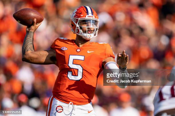 Quarterback D.J. Uiagalelei of the Clemson Tigers throws the ball during the first quarter during their game against the South Carolina State...