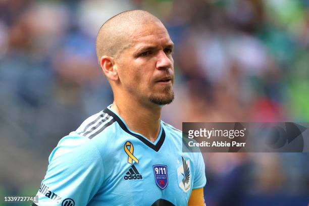 Osvaldo Alonso of Minnesota United looks on during the game against the Seattle Sounders in the first half at Lumen Field on September 11, 2021 in...