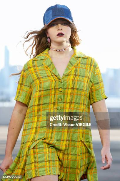 Model walks the runway during the Coach Ready to Wear Spring/Summer 2022 fashion show as part of the New york Fashion Week on September 10, 2021 in...