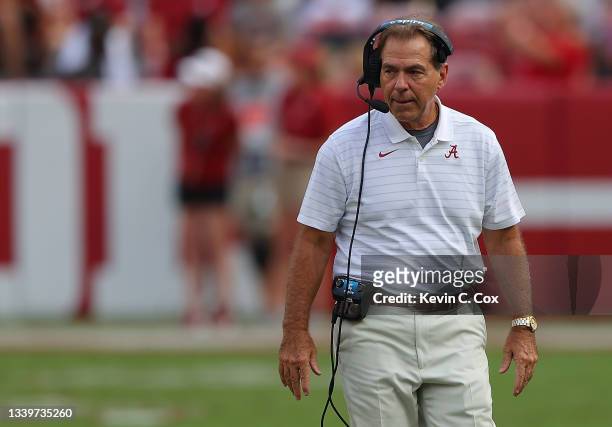 Head coach Nick Saban of the Alabama Crimson Tide reacts against the Mercer Bears during the second half at Bryant-Denny Stadium on September 11,...