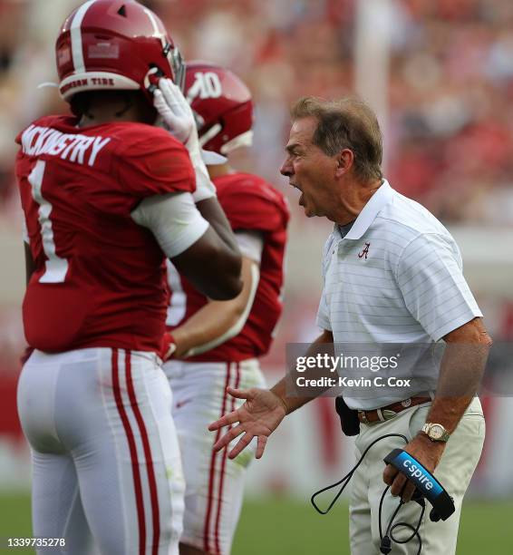 Head coach Nick Saban of the Alabama Crimson Tide reacts to his defense after giving up a touchdown to the Mercer Bears during the second half at...