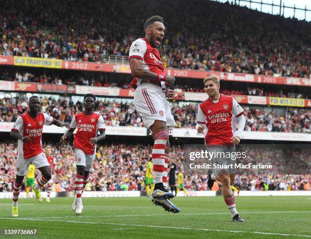 Pierre-Emerick Aubameyang celebrates scoring the Arsenal goal during the Premier League match between Arsenal and Norwich City at Emirates Stadium on...