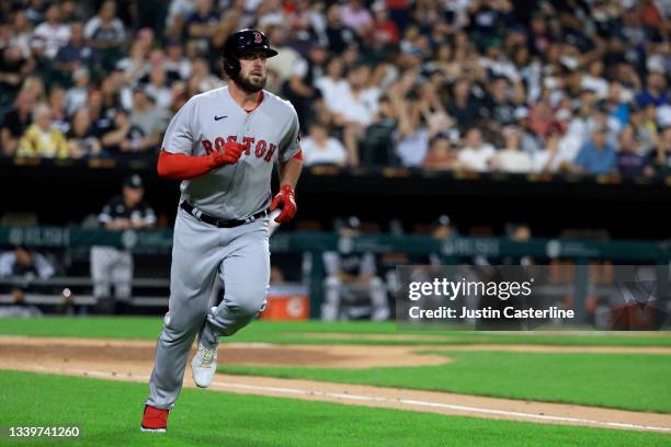 Travis Shaw of the Boston Red Sox runs the bases after hitting a three run home run during the 3rd inning against the Chicago White Sox at Guaranteed...