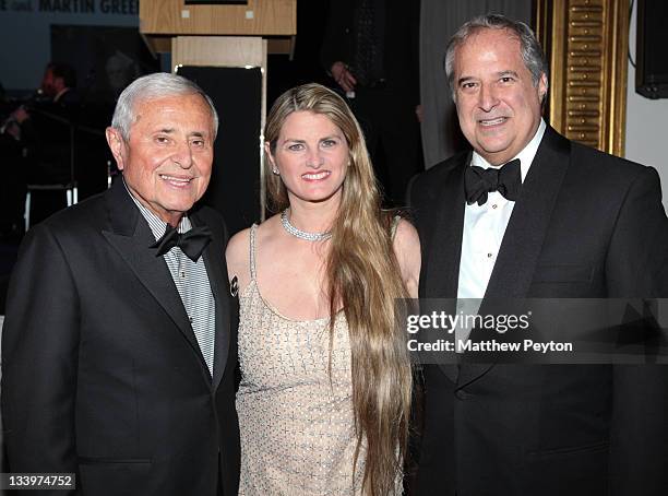 Honoree Martin Greenfield, producer Bonnie Comley and honoree Stewart F. Lane - AKA "Mr. Broadway" pose together at the National Yiddish Theatre:...
