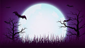 Happy Halloween Purple Violet Background with full moon, Dead tree and bat, Vector illustration