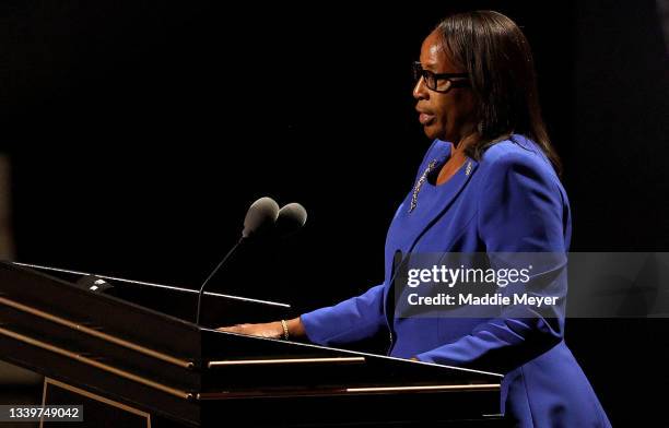 Pearl Moore speaks during the 2021Naismith Memorial Basketball Hall of Fame ceremony presented by Sylvia Hatchell at Symphony Hall on September 11,...