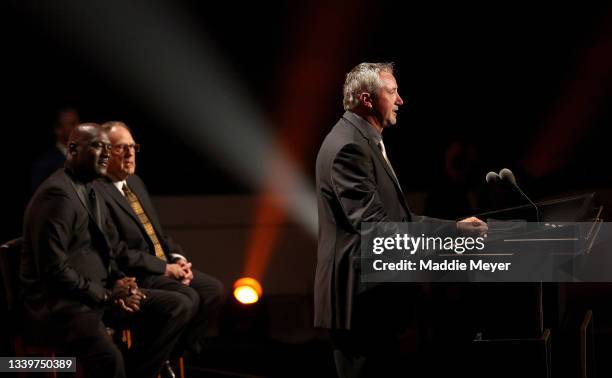 Toni Kukoc speaks during the 2021Naismith Memorial Basketball Hall of Fame ceremony presented by Michael Jordan and Jerry Reinsdorf at Symphony Hall...