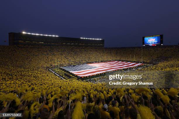 General view of Michigan Stadium before the game between the Washington Huskies and the Michigan Wolverines on September 11, 2021 in Ann Arbor,...