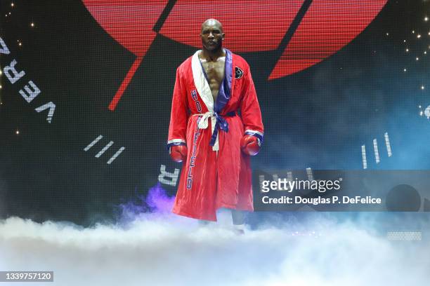 Evander Holyfield enters the ring prior to the fight against Vitor Belfort during Evander Holyfield vs. Vitor Belfort presented by Triller at...