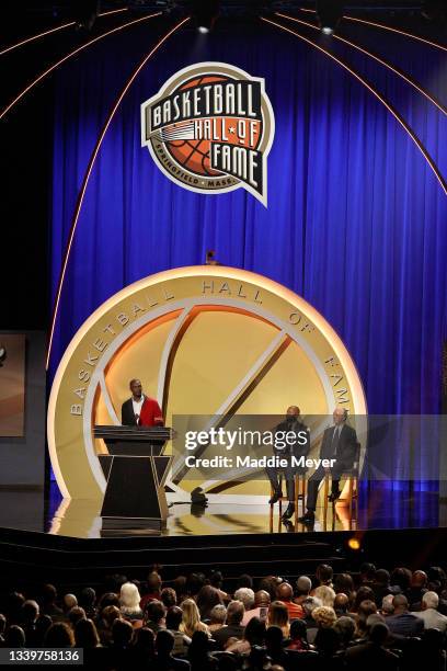 Chris Bosh, presented by Ray Allen and Pat Riley speaks during the 2021Naismith Memorial Basketball Hall of Fame ceremony at Symphony Hall on...