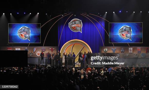 The class of the 2021Naismith Memorial Basketball Hall of Fame ceremony at Symphony Hall on September 11, 2021 in Springfield, Massachusetts.