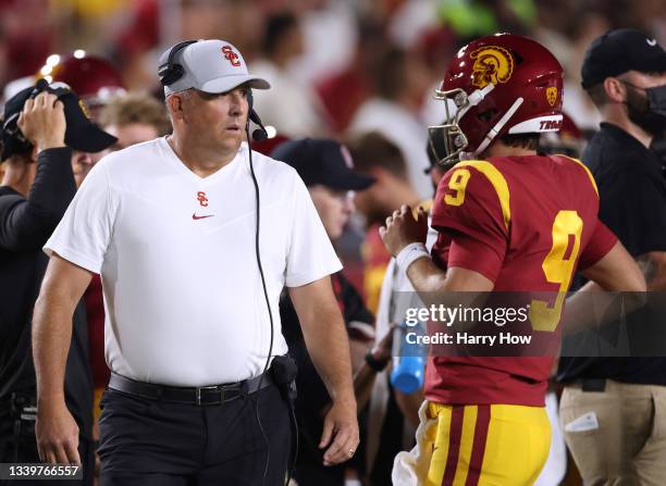 Head coach Clay Helton of USC Trojans reacts as Kedon Slovis comes off the field to punt on fourth down during the first quarter against the Stanford...