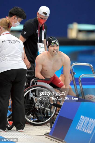 Takayuki Suzuki of Team Japan celebrates winning the bronze medal after competing in the Swimming Men's 50m Breaststroke - SB3 Final on day 1 of the...