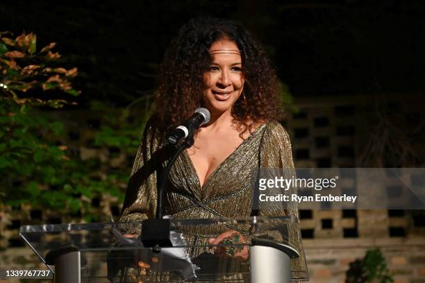 Suzanne Boyd speaks onstage at the 13th Annual Artists for Peace and Justice Fundraiser during Toronto International Film Festival on September 11,...