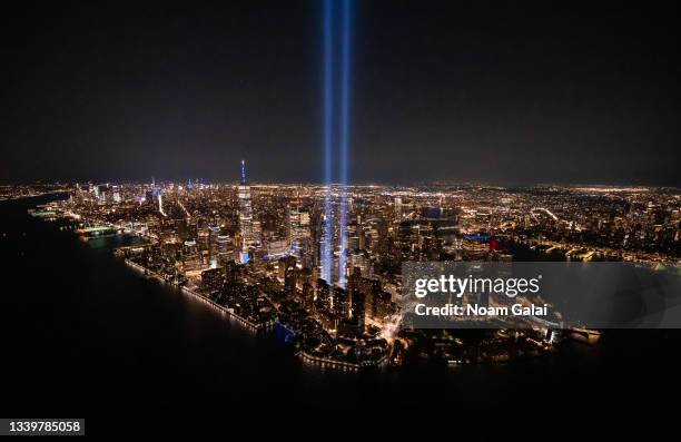 View of New York City and the 'Tribute In Light,' marking the 20th anniversary of the 9/11 terrorist attacks at the World Trade Center, on September...