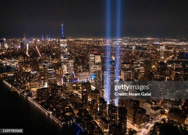 View of New York City and the 'Tribute In Light,' marking the 20th anniversary of the 9/11 terrorist attacks at the World Trade Center, on September...