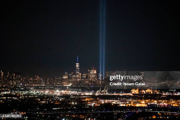 View of New York City and the 'Tribute In Light,' marking the 20th anniversary of the 9/11 terrorist attacks at the World Trade Center, on September...