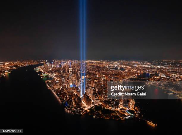 View of New York City and the 'Tribute In Light,' marking the 20th anniversary of the 9/11 terrorist attacks at the World Trade Center, on September...