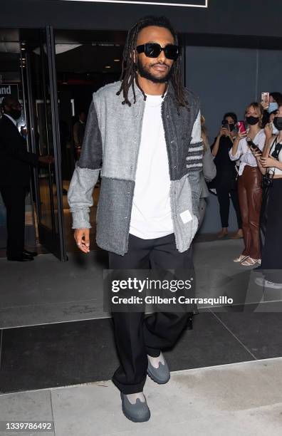 Rapper Aminé is seen leaving the Thom Browne Spring 2022 Collection during New York Fashion Week at The Griffin Theatre at The Shed on September 11,...