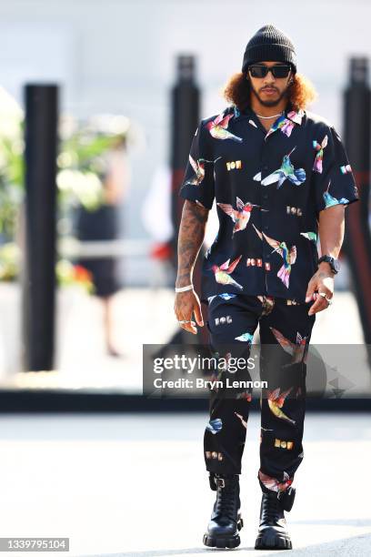 Lewis Hamilton of Great Britain and Mercedes GP walks in the Paddock before the F1 Grand Prix of Italy at Autodromo di Monza on September 12, 2021 in...