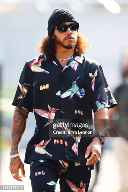 Lewis Hamilton of Great Britain and Mercedes GP walks in the Paddock before the F1 Grand Prix of Italy at Autodromo di Monza on September 12, 2021 in...