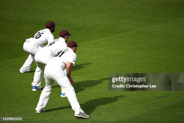 Slips Ryan Patel, Will Jacks and Rikki Clarke of Surrey during the LV= Insurance County Championship match between Surrey and Essex at The Kia Oval...