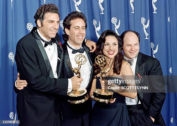 The cast of the Emmy-winning "Seinfeld" show pose with the Emmys they won for Outstanding Comedy Series on September 19, 1993 in Pasadena, CA. From...