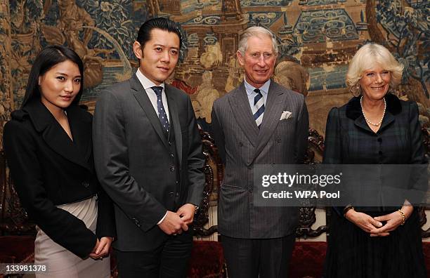 Prince Charles, Prince of Wales and Camilla, Duchess of Cornwall greet King Jigme Khesar Namgyel Wangchuk and Queen Jetsun Pema Wangchuk of Bhutan at...