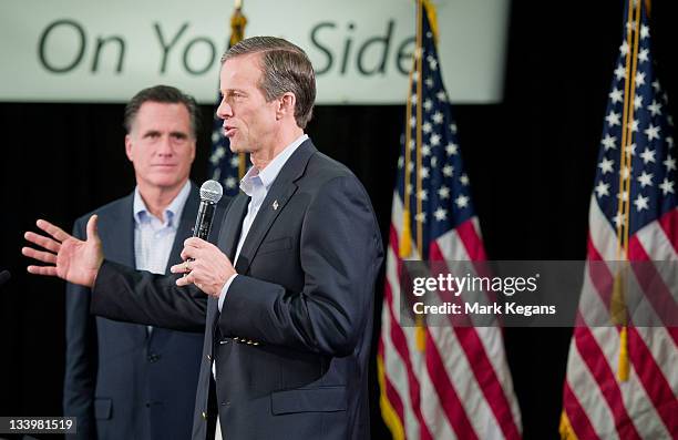Sen. John Thune endorses Republican presidential candidate former Massachusetts Gov. Mitt Romney during an appearance before employees at the...