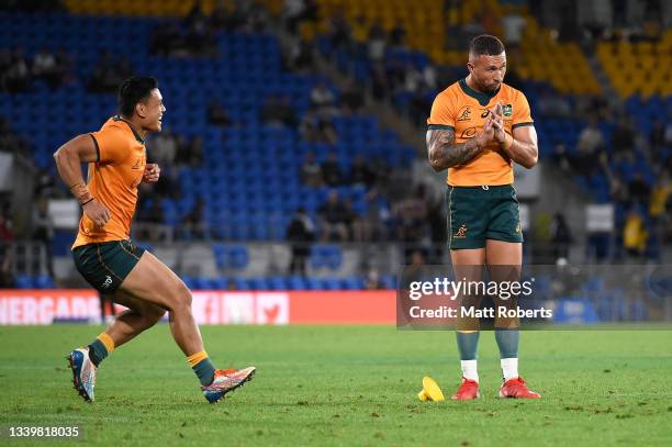 Quade Cooper of the Wallabies reacts after kicking the winning penalty goal during the Rugby Championship match between the South Africa Springboks...